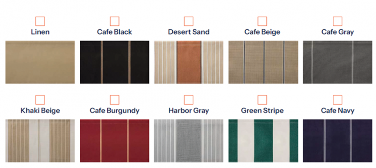 retraceable awnings Fabric Colors
